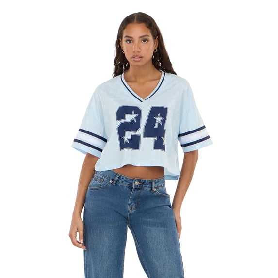 Forever 21 Women’s Mesh Cropped Boxy Football Tee, V-Neck Short Sleeve Varsity-Style Top with Striped Sleeves and Screen Graphic, XS-XL