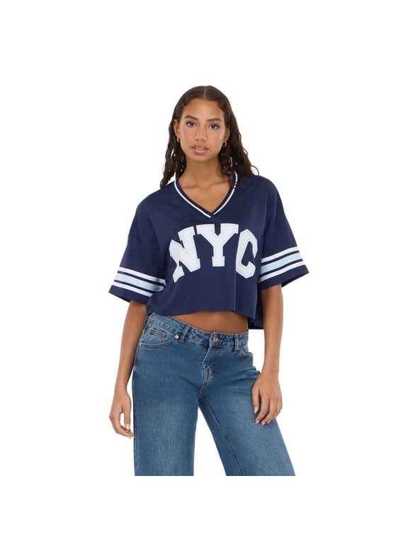 Women’s Mesh Cropped Boxy Football Tee, V-Neck Short Sleeve Varsity-Style Top with Striped Sleeves and Screen Graphic, XS-XL