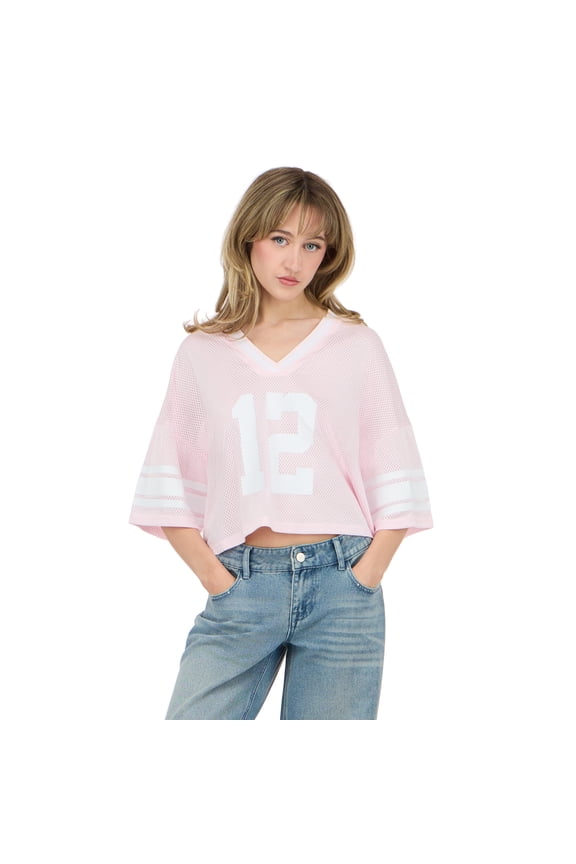 Women’s Mesh Cropped Boxy Football Tee,Pink, XS-XL