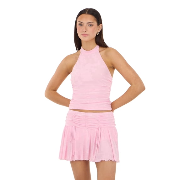 Forever 21 Women's Mesh Halter Top and Mini Skirt 2-Piece Set, Ruched Sleeveless Crop Top with Flowy Tiered Pull-On Skirt, XS-XL