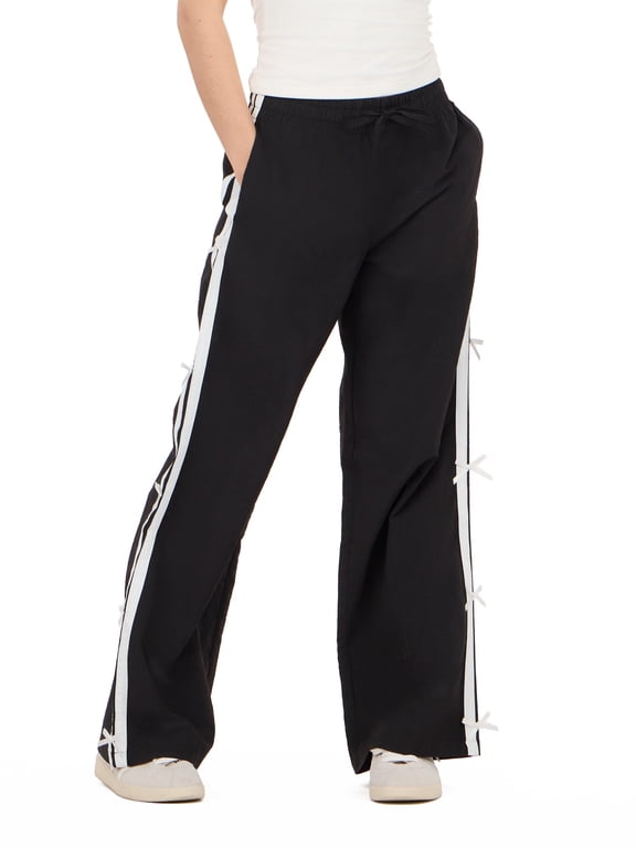 Women's Nylon Wide Leg Pant with 2 Stripes Color- Black, Size- X-Large
