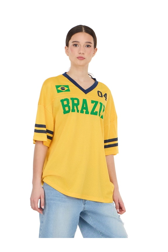 Women's Mesh Oversized Brazil Soccer Jersey Tee, Sizes XXS-XXL
