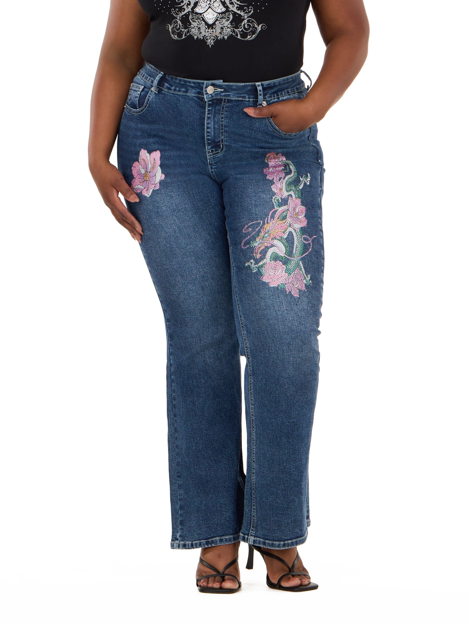 Forever 21 Women's and Women's Plus Mid Rise Bootcut Denim Pants with Rhinestone and Embroidered Back Pockets, Fitted Stretch Jeans, Vintage Wash Casual Style, Blue, 00-4X