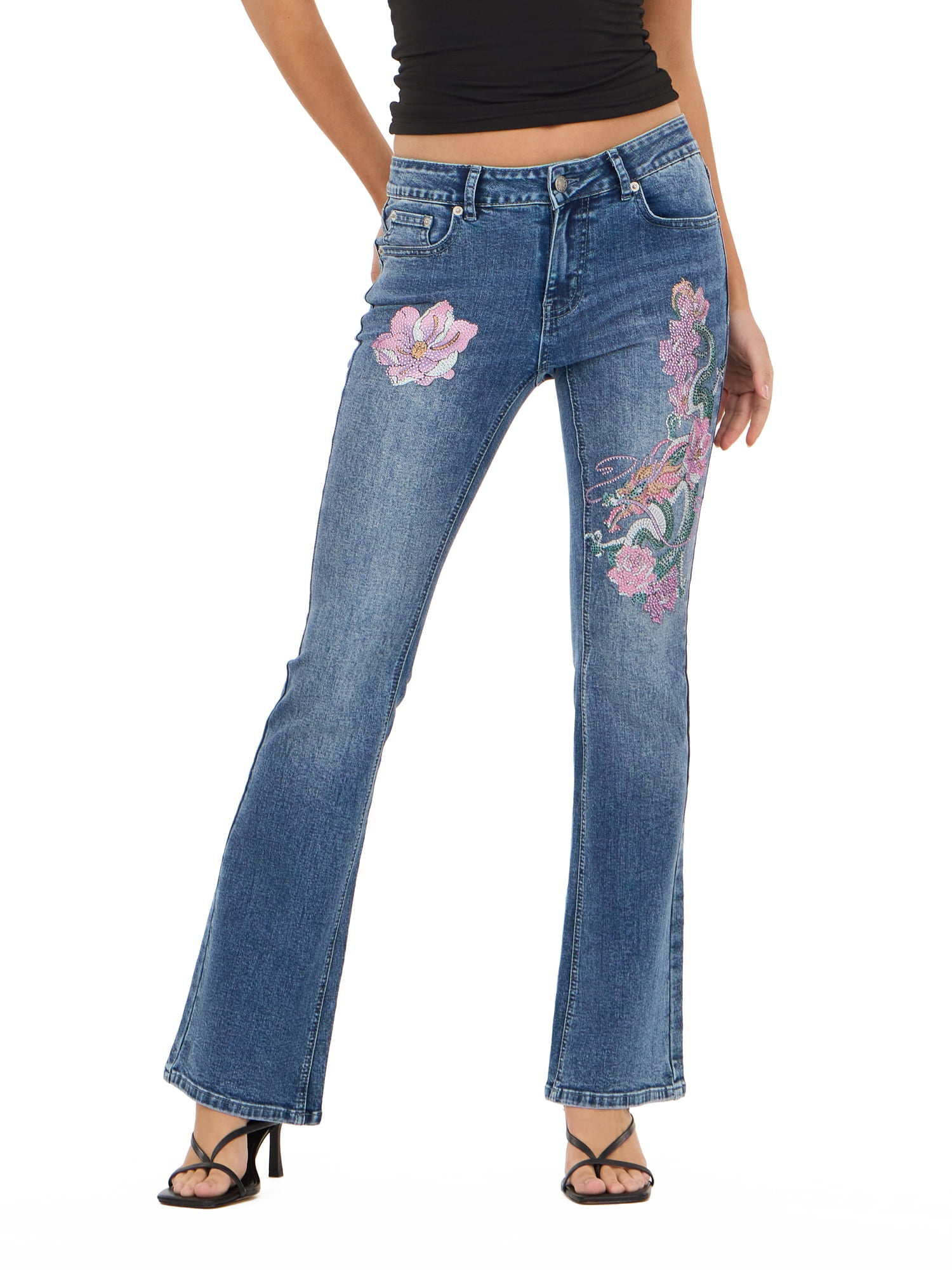 Women's and Women's Plus Mid Rise Bootcut Denim Pants with Rhinestone and Embroidered Back Pockets, Fitted Stretch Jeans, Vintage Wash Casual Style, Blue, 00-4X