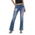 thumbnail image 1 of Forever 21 Women's and Women's Plus Mid Rise Bootcut Denim Pants with Rhinestone and Embroidered Back Pockets, Fitted Stretch Jeans, Vintage Wash Casual Style, Blue, 00-4X, 1 of 6