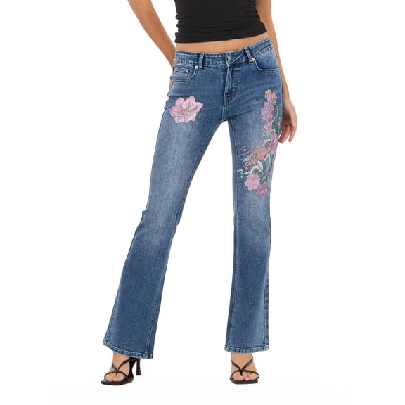 Forever 21 Women's and Women's Plus Mid Rise Bootcut Denim Pants with Rhinestone and Embroidered Back Pockets, Fitted Stretch Jeans, Vintage Wash Casual Style, Blue, 00-4X