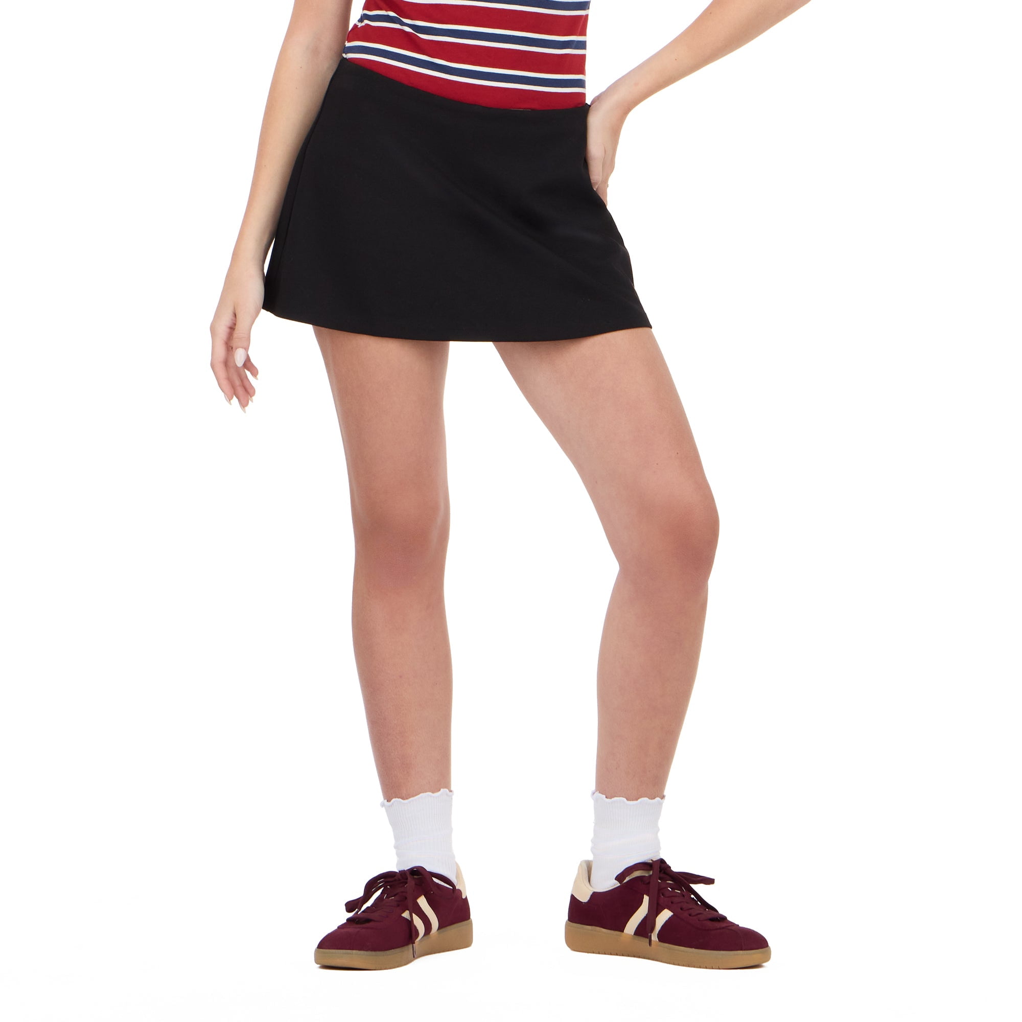 Forever 21 Women's Mini A-Line Skort with Built-In Inner Shorts, Soft Stretch Casual Mini Skirt Shorts Combo, Everyday Pull-On Style, Black, XXS-XXL
