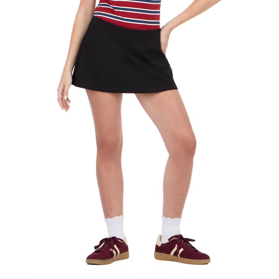 Forever 21 Women's Mini A-Line Skort with Built-In Inner Shorts, Soft Stretch Casual Mini Skirt Shorts Combo, Everyday Pull-On Style, Black, XXS-XXL