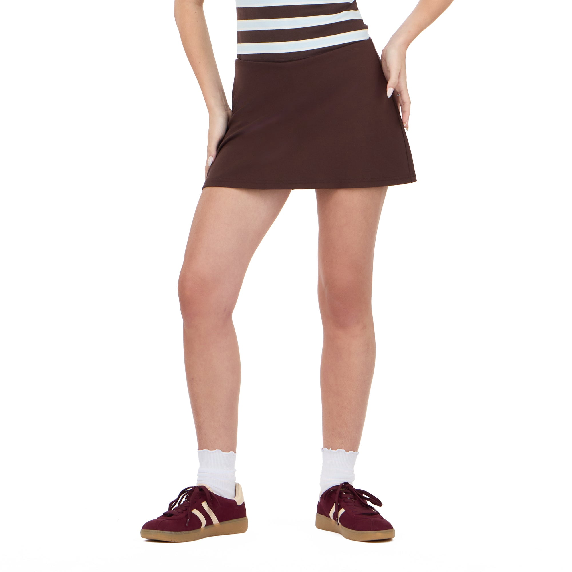 Forever 21 Women's Mini A-Line Skort with Built-In Inner Shorts, Soft Stretch Casual Mini Skirt Shorts Combo, Everyday Pull-On Style, Brown, XXS-XXL