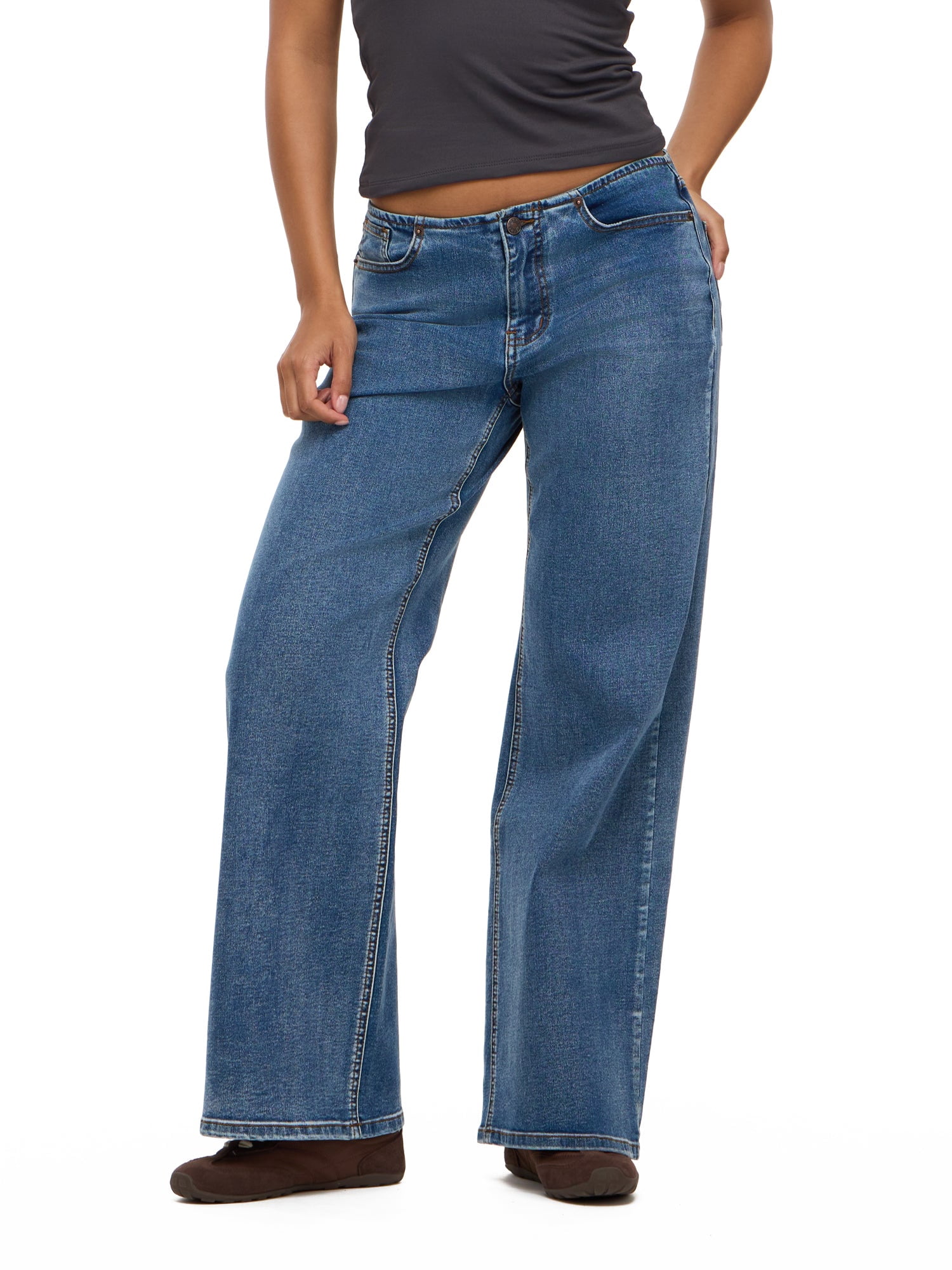 Forever 21 Women's No Waist Wide Leg Denim Pants, Stretch Cotton Blend Jeans, Mid Rise Casual Everyday Denim Style, Medium Acid Wash, Blue, 00-18