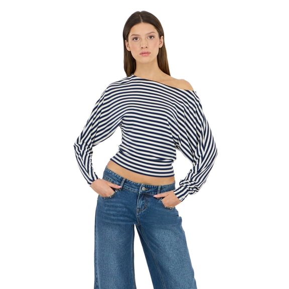 Forever 21 Women's Off Shoulder Long Sleeve Dolman Top with Banded Bottom - Relaxed Fit OTS Pullover Casual Everyday Style, Navy, Medium
