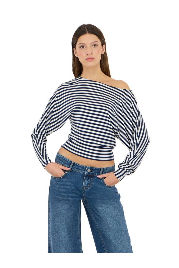 Women's Off Shoulder Long Sleeve Dolman Top with Banded Bottom - Relaxed Fit OTS Pullover Casual Everyday Style, Navy, Small