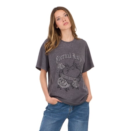 Forever 21 Women's Oversized Graphic Tee, Relaxed Fit Short Sleeve T-Shirt, Casual Streetwear Everyday Style Top, Grey, XXS-4X