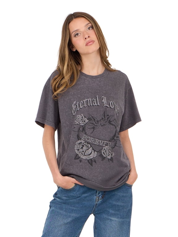 Women's Oversized Graphic Tee, Relaxed Fit Short Sleeve T-Shirt, Casual Streetwear Everyday Style Top, Grey, XXS-4X