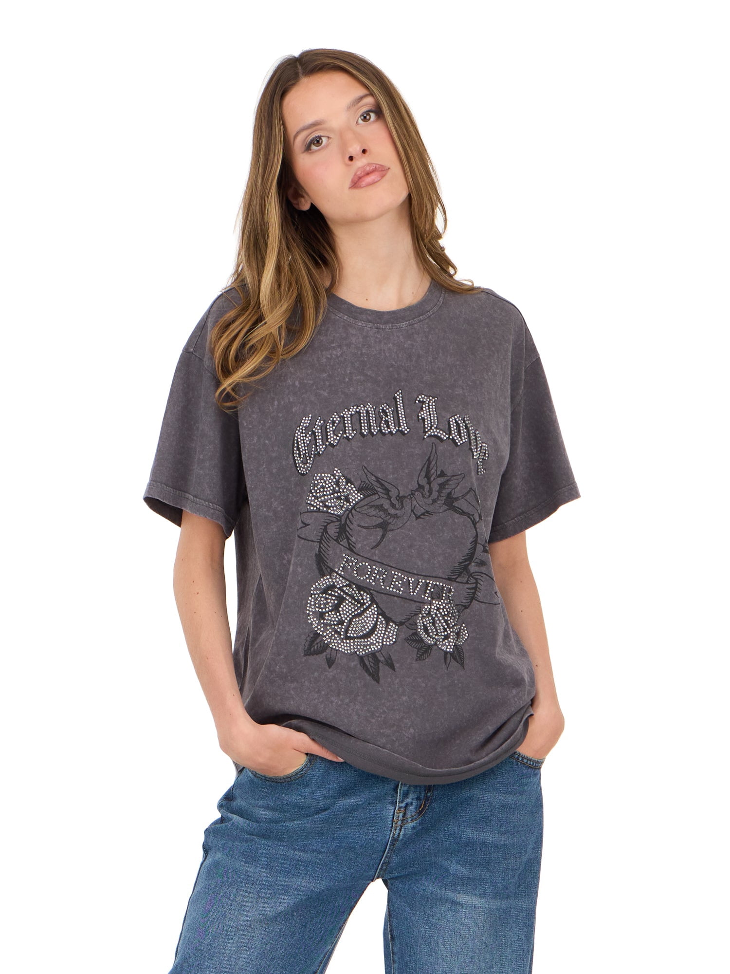 Forever 21 Women's Oversized Graphic Tee, Relaxed Fit Short Sleeve T-Shirt, Casual Streetwear Everyday Style Top, Grey, XXS-4X
