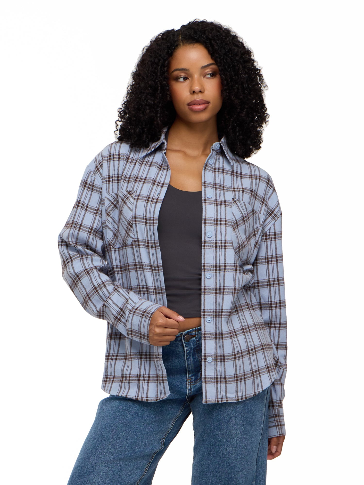 Forever 21 Women's Oversized Plaid Brushed Flannel Button Down Shirt with Patch Pockets, Long Sleeve 100% Cotton Casual Layering Top, Blue Plaid, XXS-XXL