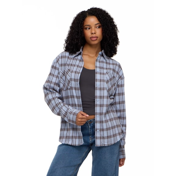Forever 21 Women's Oversized Plaid Brushed Flannel Button Down Shirt with Patch Pockets, Long Sleeve 100% Cotton Casual Layering Top, Blue Plaid, XXS-XXL