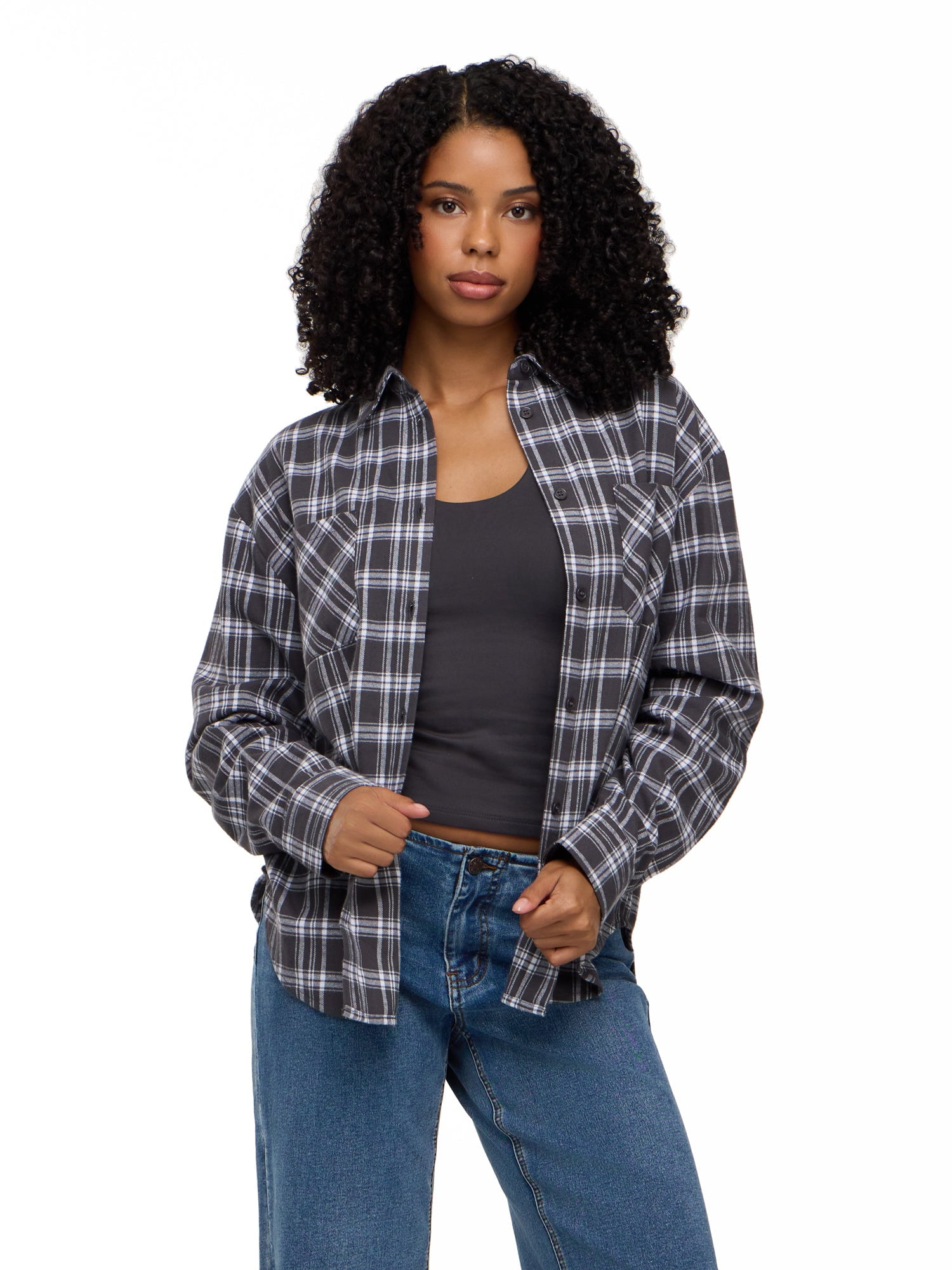 Forever 21 Women's Oversized Plaid Brushed Flannel Button Down Shirt with Patch Pockets, Long Sleeve 100% Cotton Casual Layering Top, Grey Plaid, XXS-XXL