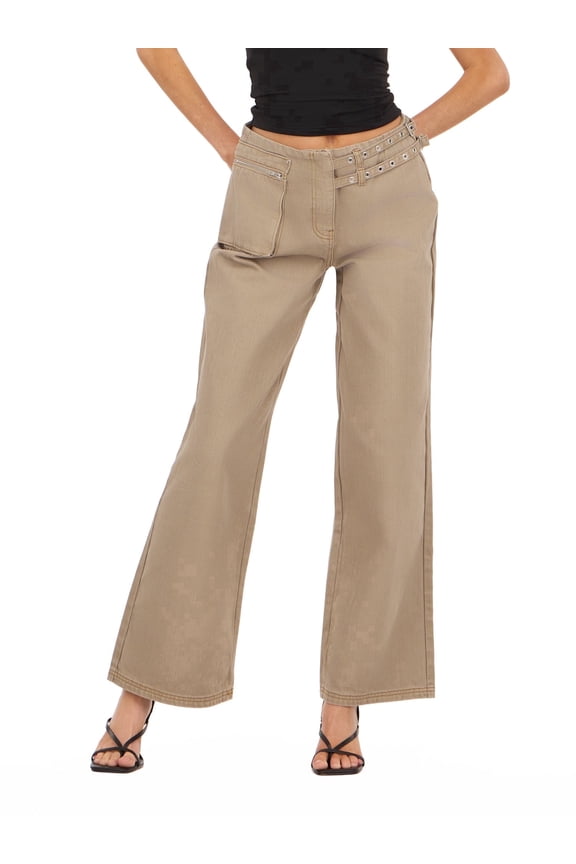 Women’s Pants with Side Zip Pocket and Belt Straps Utility Casual Trend Style, 0-14