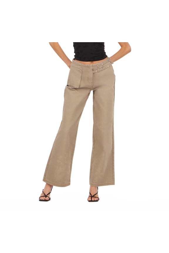 Women’s Pants with Side Zip Pocket and Belt Straps Utility Casual Trend Style, 0-14