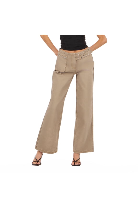 Women’s Pants with Side Zip Pocket and Belt Straps Utility Casual Trend Style, 0-14