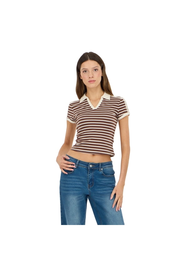 Women’s Polo Tee with Allover Stripes Casual Classic Trend Style, XS-XL