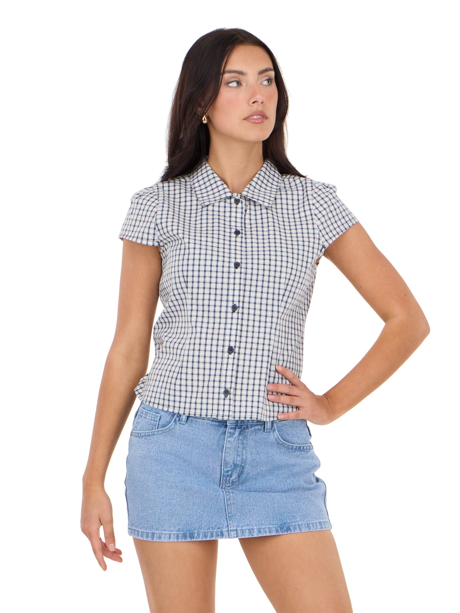 Forever 21 Women's Poplin Button Down Collared Shirt with Self Tie Back, Short Sleeve Fitted Top, Lightweight Casual Everyday Style, Navy, XXS-XXL