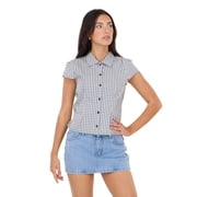 Forever 21 Women's Poplin Button Down Collared Shirt with Self Tie Back, Short Sleeve Fitted Top, Lightweight Casual Everyday Style, Navy, XXS-XXL