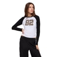 thumbnail image 1 of Forever 21 Women's Raglan 3/4 Sleeve Graphic Baseball Tee, Cotton Stretch Casual Everyday T-Shirt Top, Black, XXS-XXL, 1 of 6