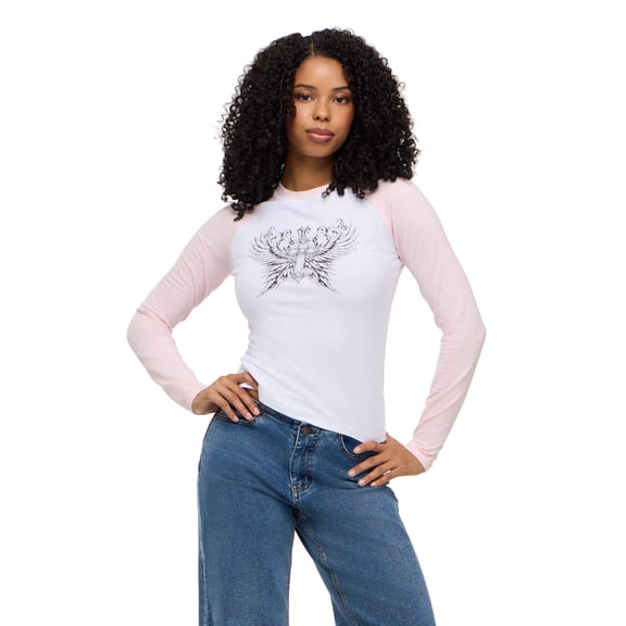 Forever 21 Women's Raglan 3/4 Sleeve Graphic Baseball Tee, Cotton Stretch Casual Everyday T-Shirt Top, Pink, XXS-XXL