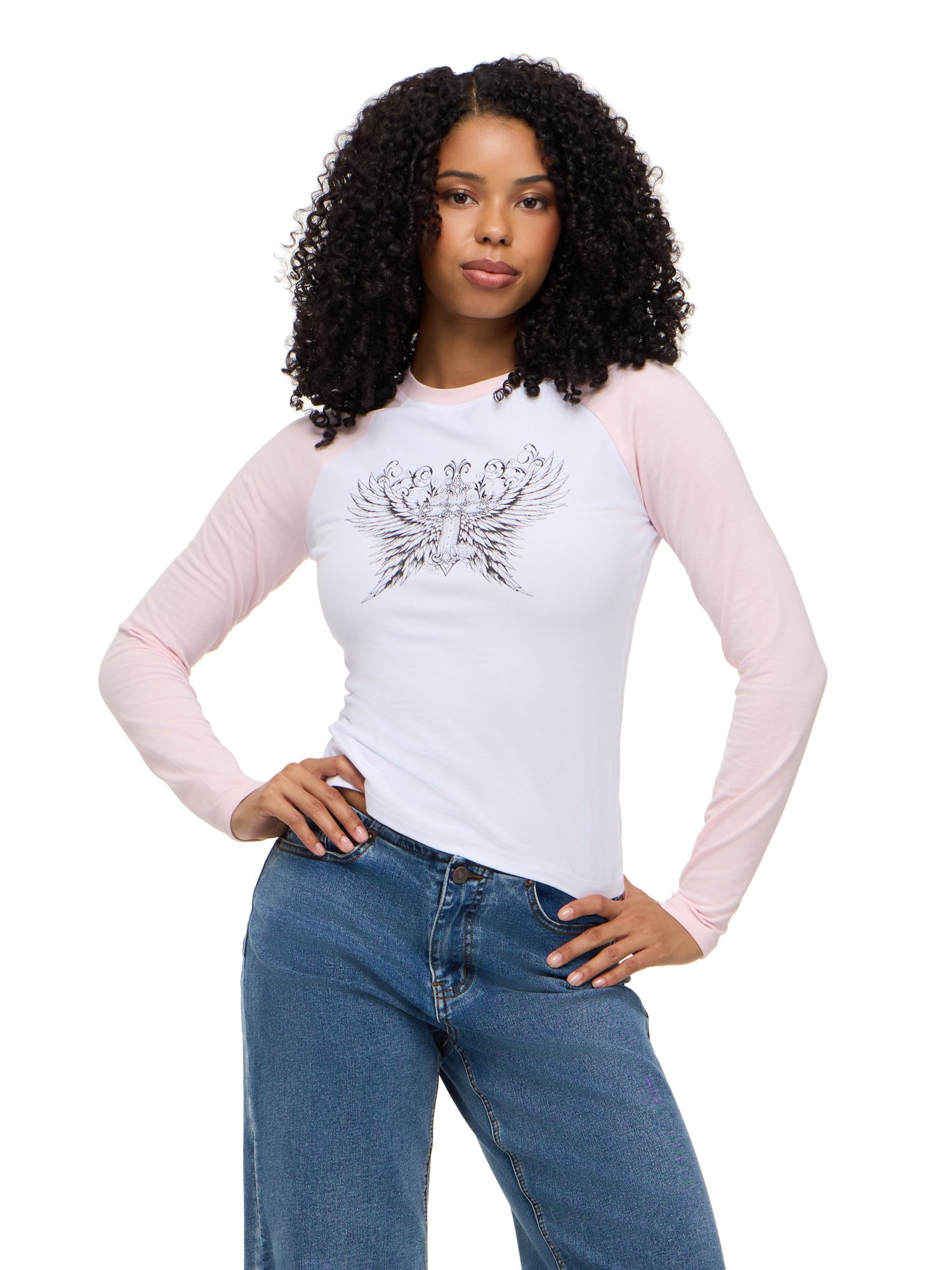 Forever 21 Women's Raglan 3/4 Sleeve Graphic Baseball Tee, Cotton Stretch Casual Everyday T-Shirt Top, Pink, XXS-XXL