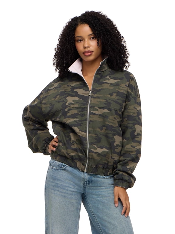 Women's Reversible Cotton Twill and Sherpa Bomber Jacket, Pink/Camouflage, XS-XL