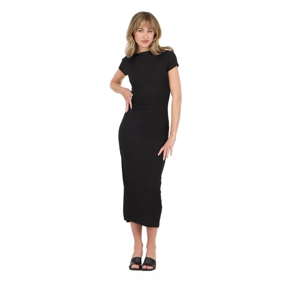 Forever 21 Women’s Short Sleeve Boatneck Midi Dress with Side Slit, Fitted Silhouette and Versatile Everyday to Evening Style, XS-XL