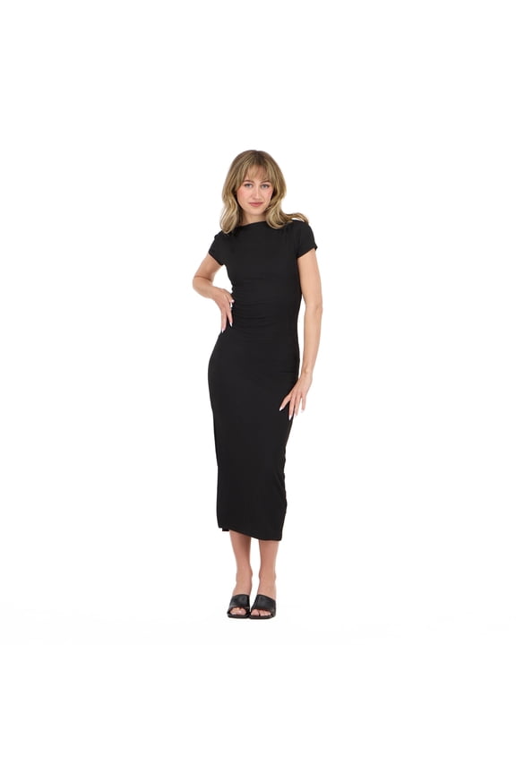 Women’s Short Sleeve Boatneck Midi Dress with Side Slit, Fitted Silhouette and Versatile Everyday to Evening Style, XS-XL