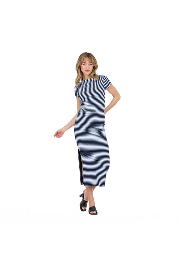 Women’s Short Sleeve Boatneck Midi Dress with Side Slit, Fitted Silhouette and Versatile Everyday to Evening Style, XS-XL