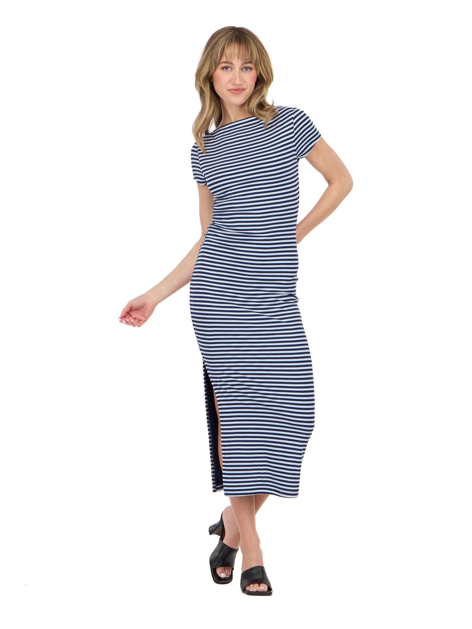 forever 21 blue striped dress Women's Short Sleeve Boatneck Midi with Side Slit, Fitted Silhouette and Versatile Everyday to Evening Style, XS-XL Striped sleeveless cotton-blend dress