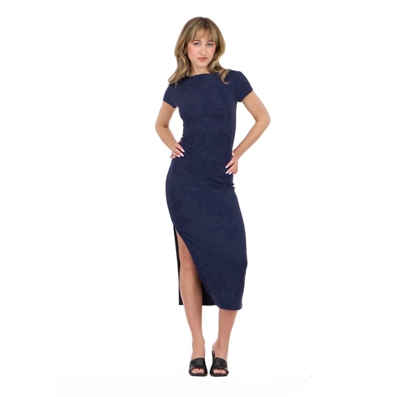 Forever 21 Women’s Short Sleeve Boatneck Midi Dress with Side Slit, Fitted Silhouette and Versatile Everyday to Evening Style, XS-XL