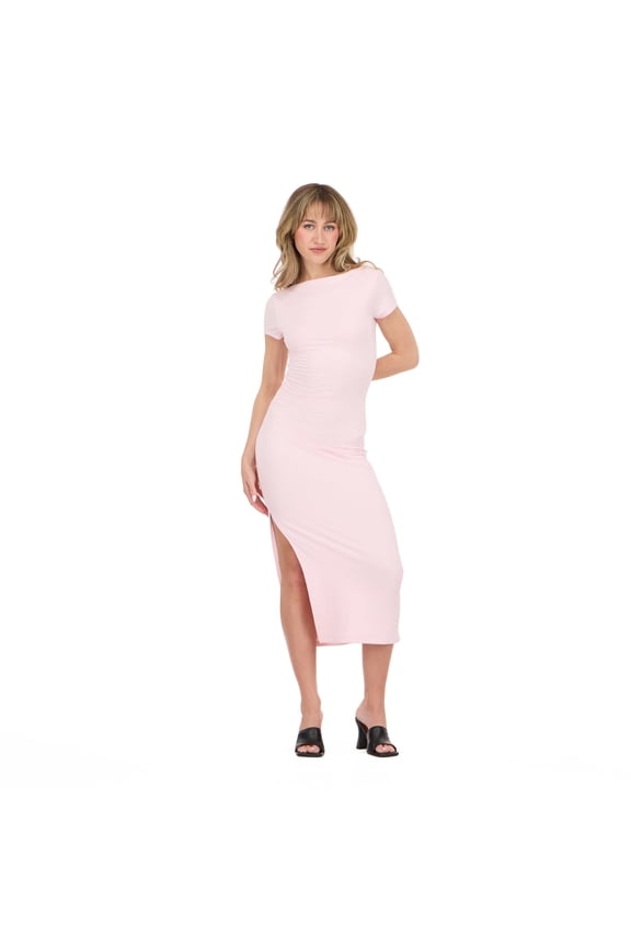 Women’s Short Sleeve Boatneck Midi Dress with Side Slit, Fitted Silhouette and Versatile Everyday to Evening Style, Pink, X-Large