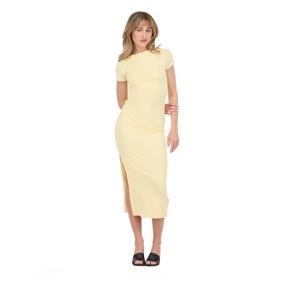 Forever 21 Women’s Short Sleeve Boatneck Midi Dress with Side Slit, Fitted Silhouette and Versatile Everyday to Evening Style, XS-XL