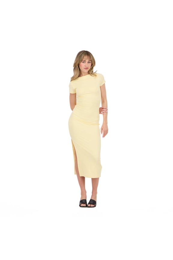 Women’s Short Sleeve Boatneck Midi Dress with Side Slit, Fitted Silhouette and Versatile Everyday to Evening Style, Yellow, Medium