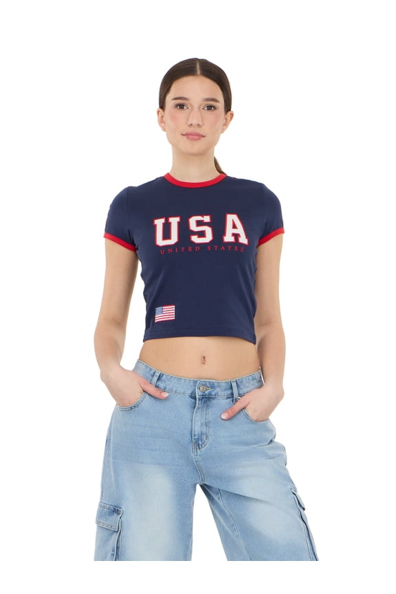 Women's Short Sleeve Americana USA Soccer Ringer Tee Shirt, Sizes XXS-XXL