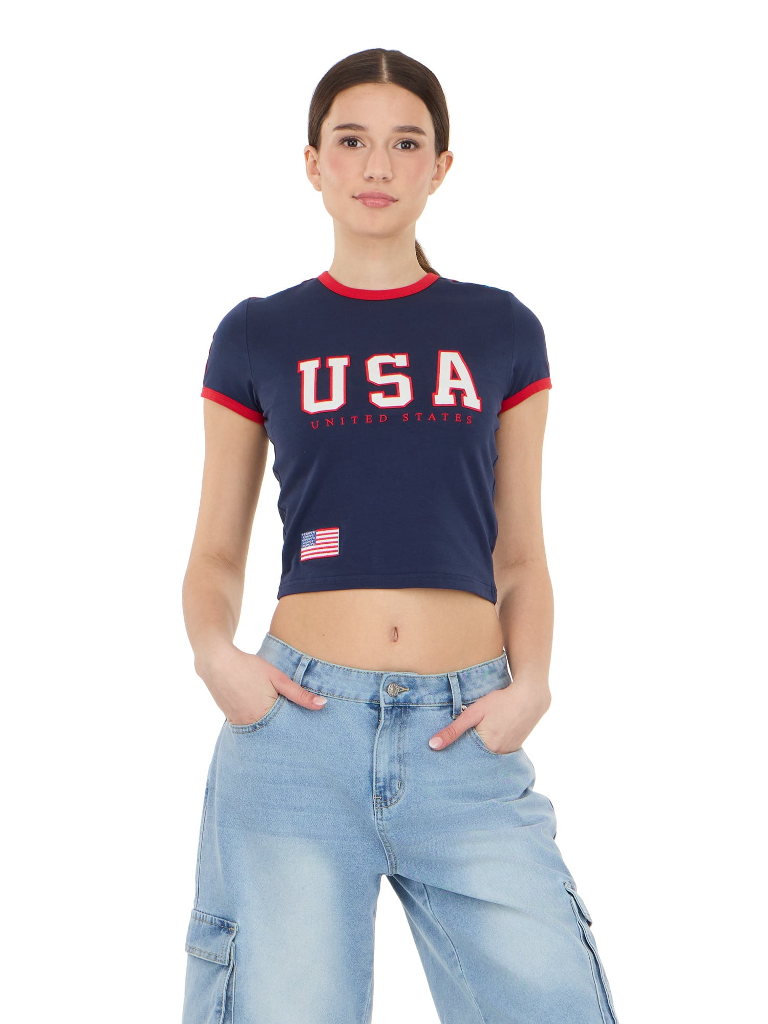 Forever 21 Women's Short Sleeve Americana USA Soccer Ringer Tee Shirt, Sizes XXS-XXL