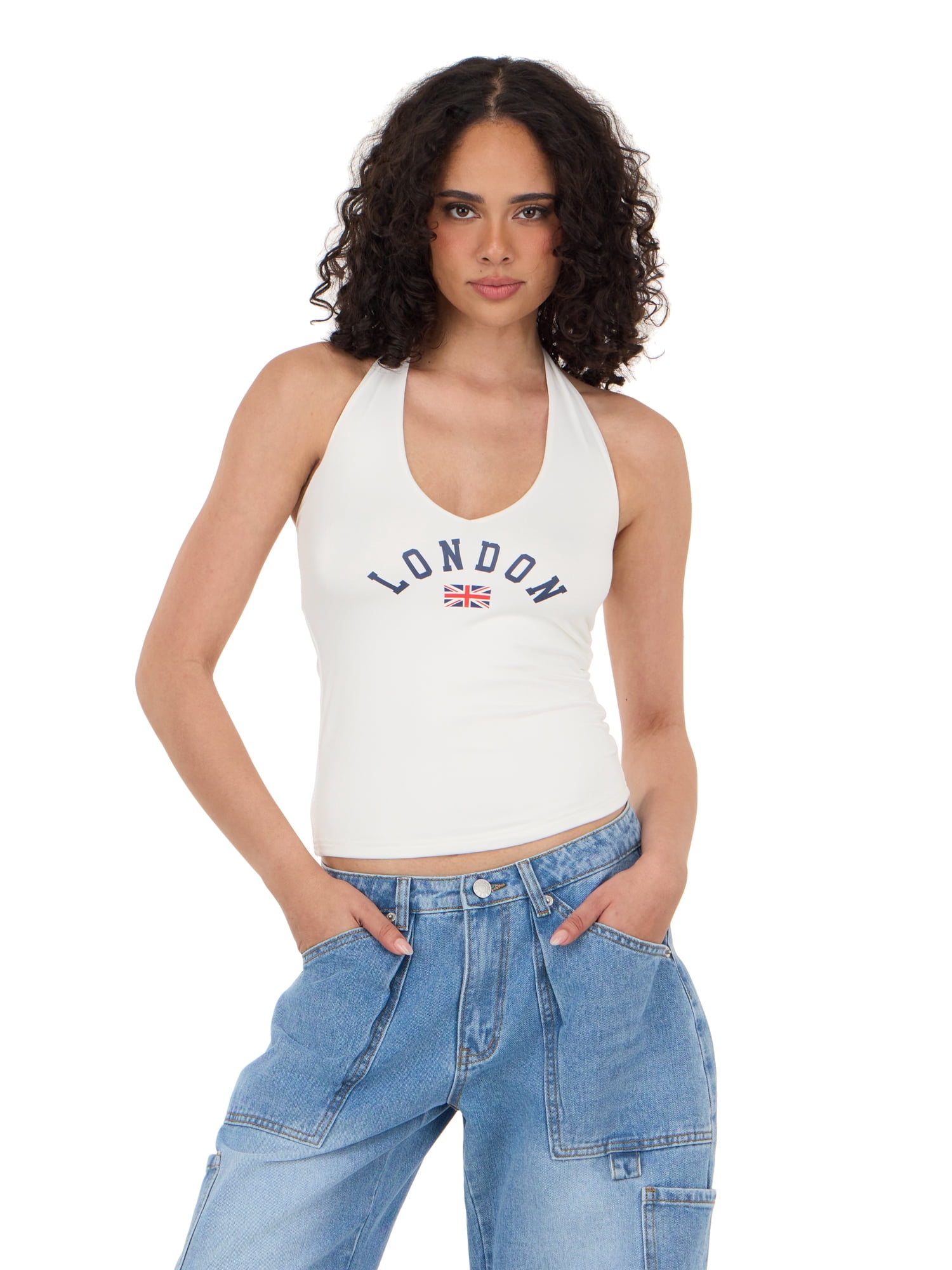 Forever 21 Women's Sleeveless V Neck Halter Top, Fitted Cropped Tank, Casual Summer Going Out Style Top, Ivory, XXS-XXL