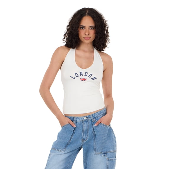 Forever 21 Women's Sleeveless V Neck Halter Top, Fitted Cropped Tank, Casual Summer Going Out Style Top, Ivory, XXS-XXL