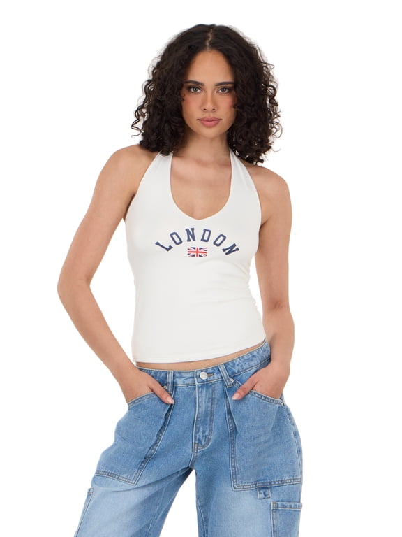 Women's Sleeveless V Neck Halter Top, Fitted Cropped Tank, Casual Summer Going Out Style Top, Ivory, XXS-XXL