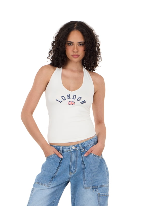 Women's Sleeveless V Neck Halter Top, Fitted Cropped Tank, Casual Summer Going Out Style Top, Ivory, XXS-XXL