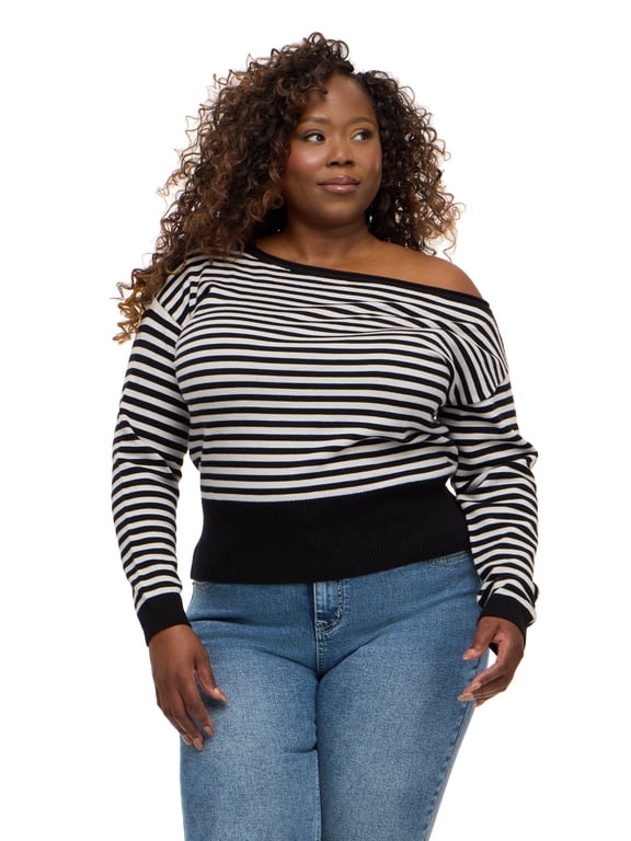 Women's Slouchy Off Shoulder Striped Sweater, Ribbed Waistband and Cuffs, Soft Knit Pullover Casual Everyday Style Top, Black, XXS-4X