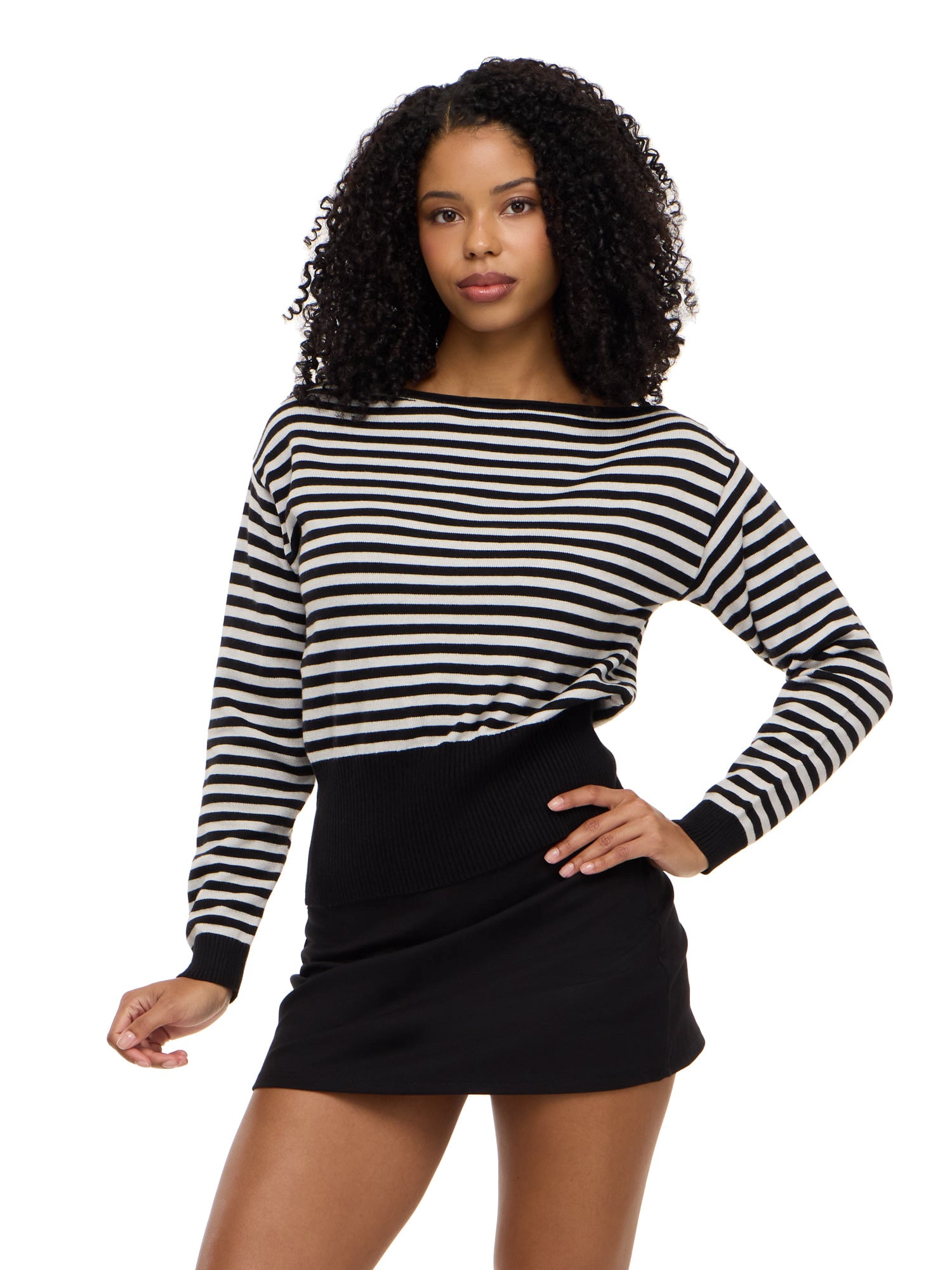 Forever 21 Women's Slouchy Off Shoulder Striped Sweater, Ribbed Waistband and Cuffs, Soft Knit Pullover Casual Everyday Style Top, Black, XXS-XXL