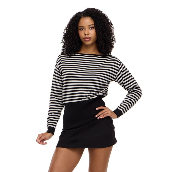 Forever 21 Women's Slouchy Off Shoulder Striped Sweater, Ribbed Waistband and Cuffs, Soft Knit Pullover Casual Everyday Style Top, Black, XXS-XXL