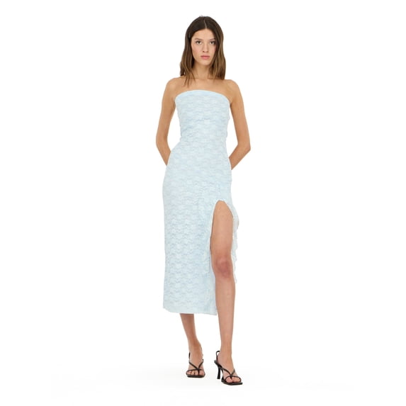 Forever 21 Women’s Strapless Lace Maxi Dress with Ruffle Side Slit, Fitted Bodice and Elegant Evening Silhouette for Parties and Special Occasions, XS-XL